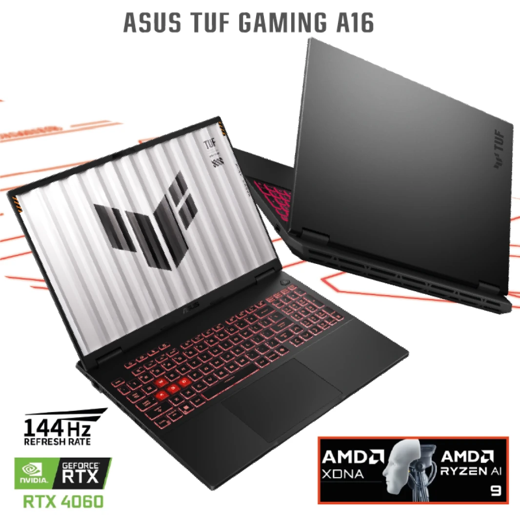 كمبيوتر محمول ASUS TUF Gaming A16 معالج AMD Ryzen AI 9 HX 370 بسرعة 5.1 جيجاهرتز ووحدة معالجة عصبية XDNA™ تصل إلى 50TOPS وبطاقة رسومات NVIDIA GeForce RTX 4060 سعة 8 جيجابايت GDDR6 (233 AI TOPs) مقاس 1