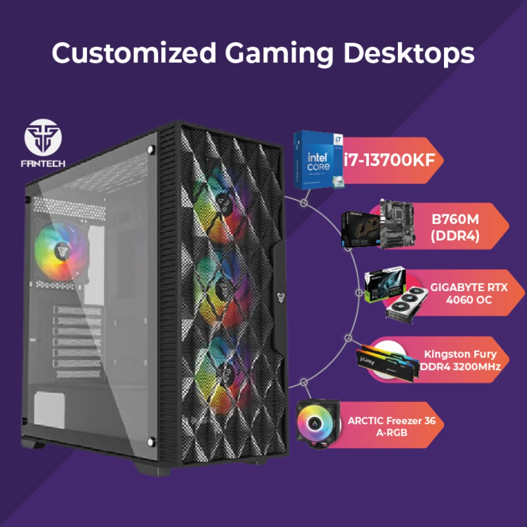 كمبيوتر مكتبي GTS 14 للألعاب | معالج I7-13700KF 16 نواة، كرت شاشة GIGABYTE GeForce RTX 4060 GAMING OC 8GB GDDR6، ذاكرة DDR4 16 بسرعة 3600 ميجاهرتز، قرص SSD NV2 سعة 1 تيرابايت - الجيل الثالث عشر