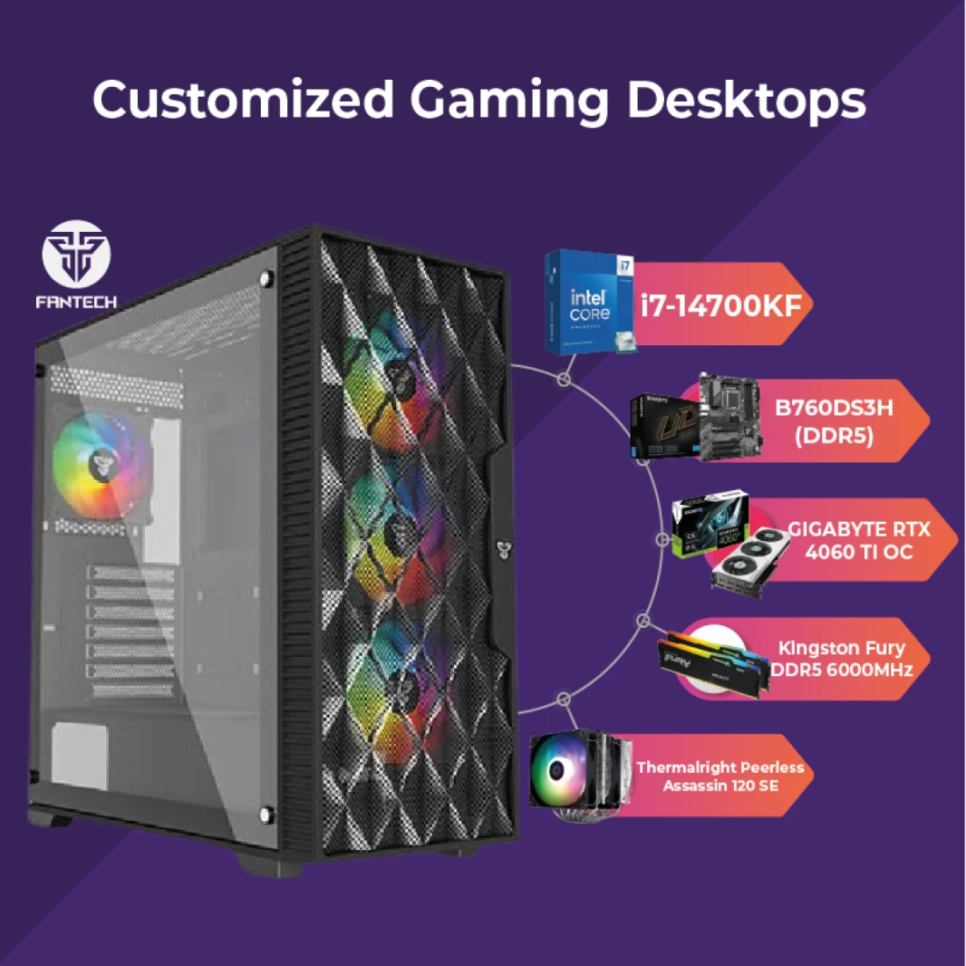 كمبيوتر مكتبي GTS 13 للألعاب | معالج i7-14700KF 20 نواة، وبطاقة رسوميات GIGABYTE GeForce RTX 4060Ti GAMING OC 8GB GDDR6، وذاكرة DDR5 32 بسرعة 6000 ميجاهرتز، ووحدة تخزين SSD KC3000 سعة 1 تيرابايت - الج