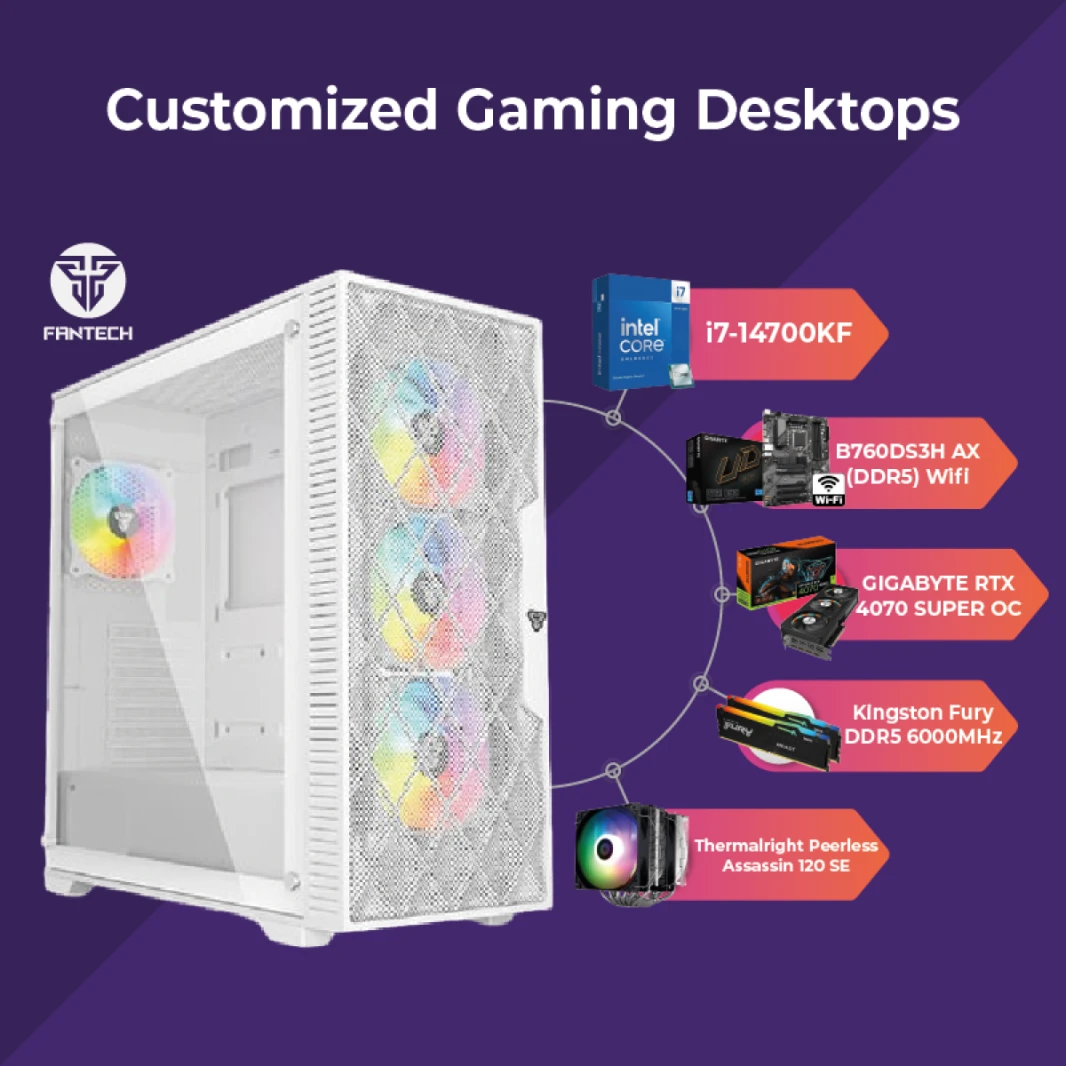 كمبيوتر مكتبي للألعاب GTS 12 | معالج i7-14700KF 20 نواة، كرت شاشة GIGABYTE GEFORCE RTX 4070 SUPER OC 12GB GDDR6X، ذاكرة DDR5 32 6000Mhz، قرص SSD KC3000 سعة 1 تيرابايت - الجيل الرابع عشر