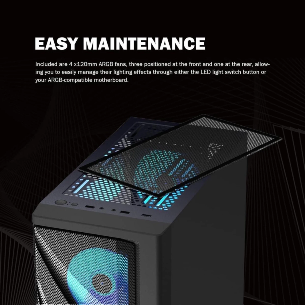 Raidmax MESHIAN X922 ATX Mesh Front Tempered Glass 4x 120mm ARGB Fan Preinstalled Supports Up to 320mm GPU - Black