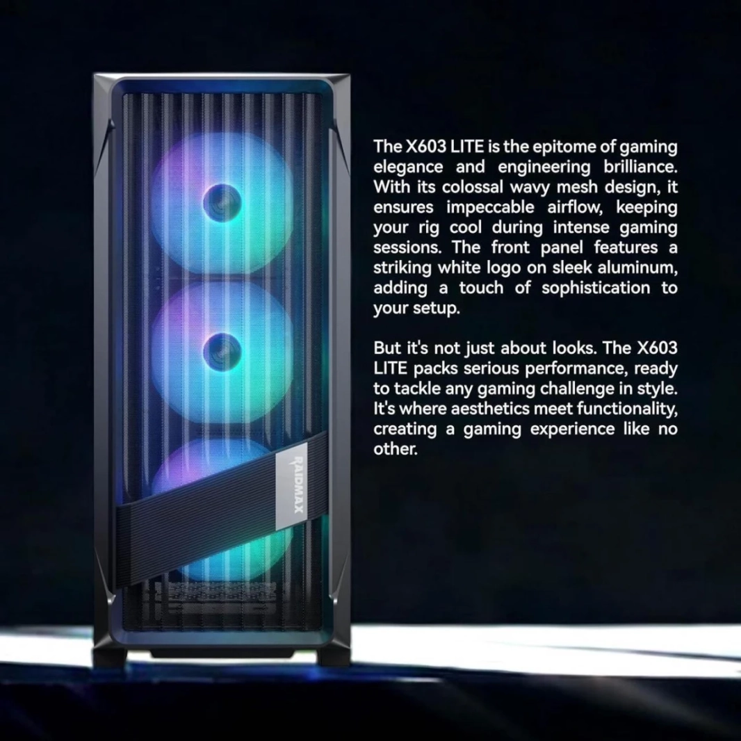 Raidmax MESHIAN X603 Nano ATX Mesh Front Tempered Glass 4x 120mm ARGB Fan Preinstalled Supports Up to 365mm GPU - Black