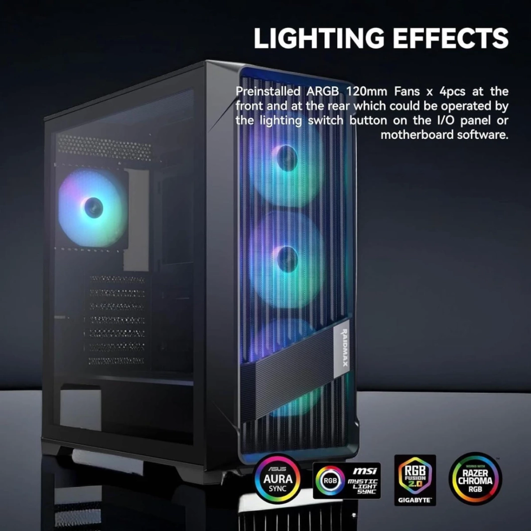 Raidmax MESHIAN X603 Nano ATX Mesh Front Tempered Glass 4x 120mm ARGB Fan Preinstalled Supports Up to 365mm GPU - Black