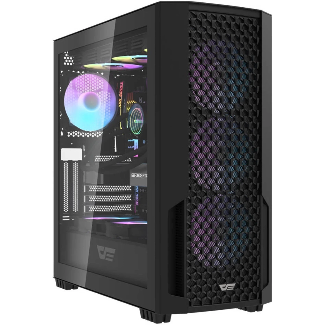 علبة كمبيوتر DarkFlash DF2100 E-ATX/ATX/M-ATX/ITX، 4 مراوح ARGB مثبتة مسبقًا، مشعاعات تصل إلى 360 مم و11 مروحة 120 مم، SPCC + ABS، 3 منافذ USB-A / 3.5 مم - أسود