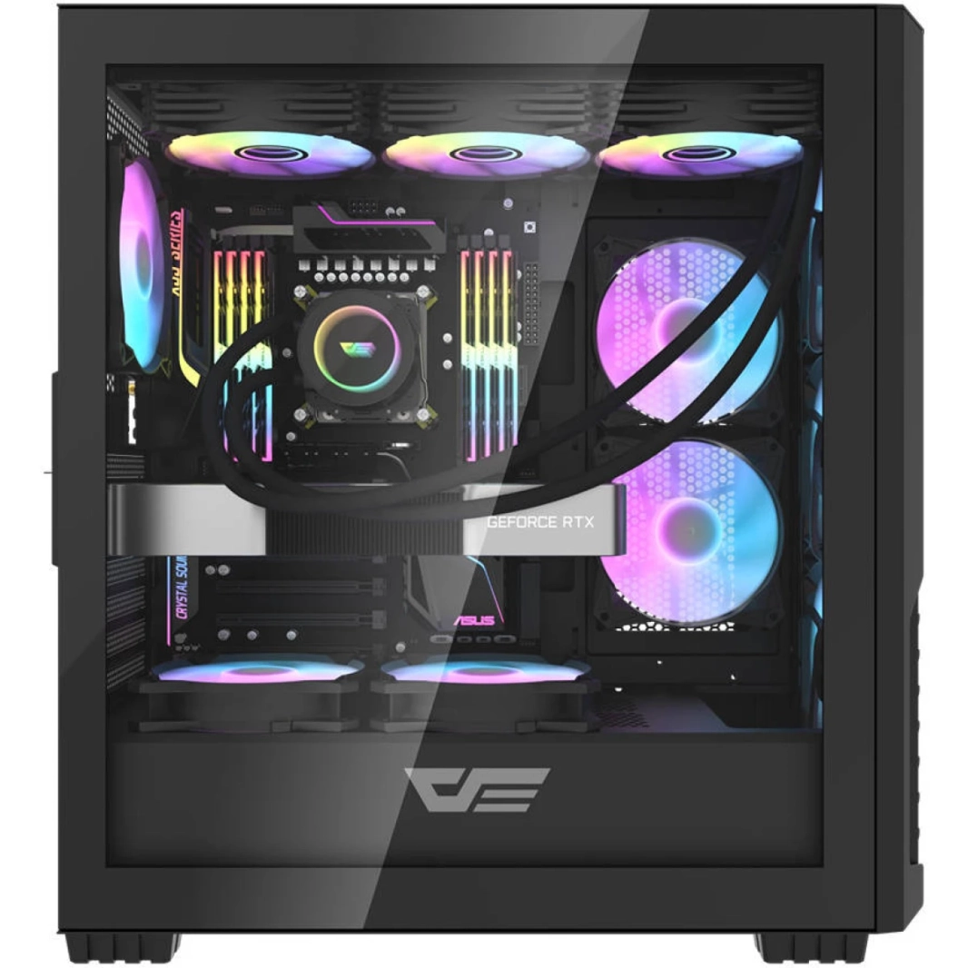 علبة كمبيوتر DarkFlash DF2100 E-ATX/ATX/M-ATX/ITX، 4 مراوح ARGB مثبتة مسبقًا، مشعاعات تصل إلى 360 مم و11 مروحة 120 مم، SPCC + ABS، 3 منافذ USB-A / 3.5 مم - أسود