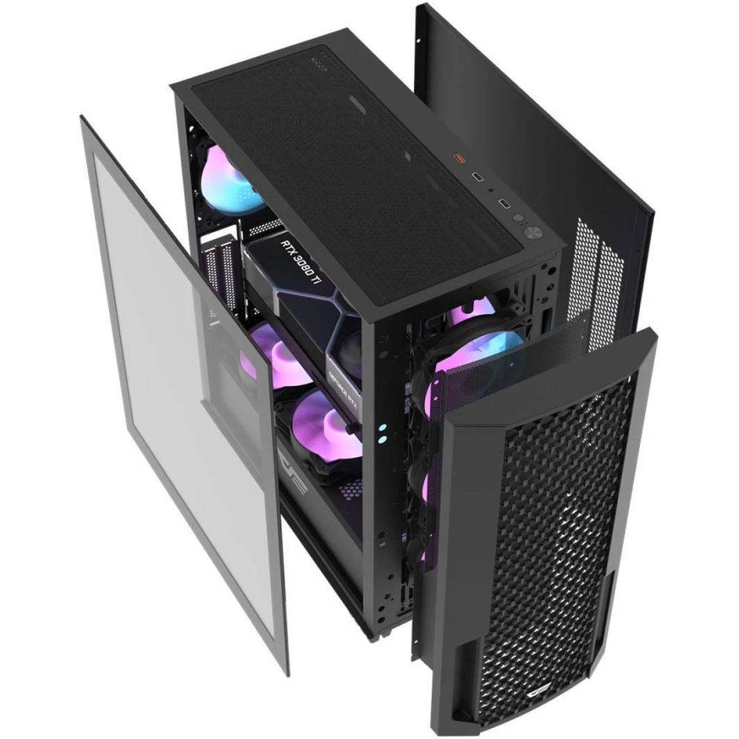 علبة كمبيوتر DarkFlash DF2100 E-ATX/ATX/M-ATX/ITX، 4 مراوح ARGB مثبتة مسبقًا، مشعاعات تصل إلى 360 مم و11 مروحة 120 مم، SPCC + ABS، 3 منافذ USB-A / 3.5 مم - أسود