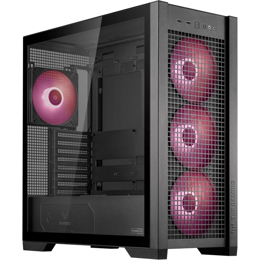حافظة ASUS TUF Gaming GT302 ARGB متوسطة الحجم مزودة بـ 4 مراوح ARGB مقاس 140 مم وتدفق هواء عالي وضغط ثابت ولوحة جانبية قابلة للتبديل مع موصل مخفي - أسود
