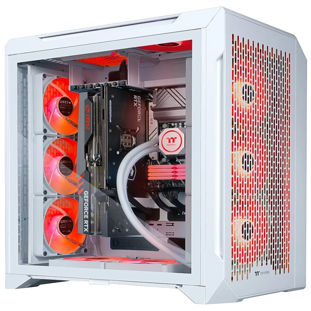 مبرد Thermaltake CTE C750 Air Full Tower بتصميم كفاءة حرارية مركزية 3x140 مم مراوح CT140 بيضاء مثبتة مسبقًا ولوحة جانبية من الزجاج المقوى ولوحة أمامية شبكية - أبيض
