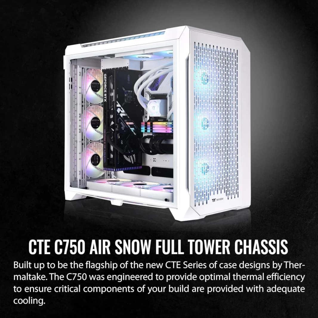 مبرد Thermaltake CTE C750 Air Full Tower بتصميم كفاءة حرارية مركزية 3x140 مم مراوح CT140 بيضاء مثبتة مسبقًا ولوحة جانبية من الزجاج المقوى ولوحة أمامية شبكية - أبيض