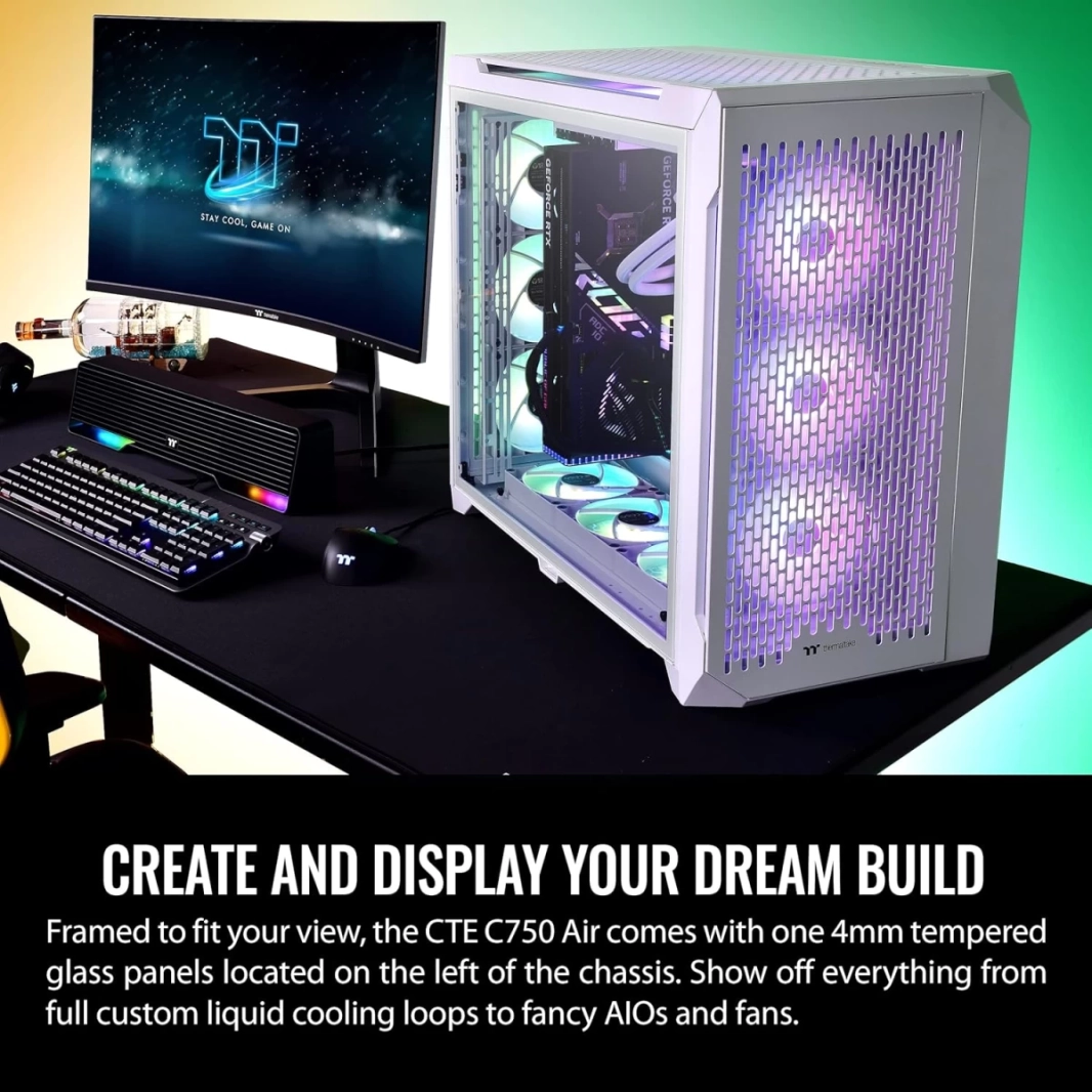 مبرد Thermaltake CTE C750 Air Full Tower بتصميم كفاءة حرارية مركزية 3x140 مم مراوح CT140 بيضاء مثبتة مسبقًا ولوحة جانبية من الزجاج المقوى ولوحة أمامية شبكية - أبيض