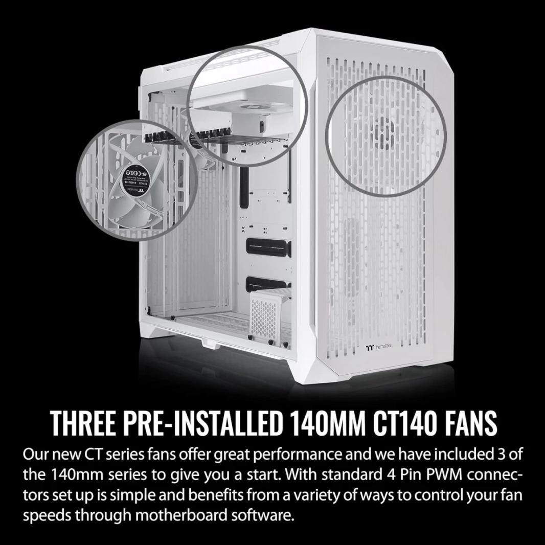 مبرد Thermaltake CTE C750 Air Full Tower بتصميم كفاءة حرارية مركزية 3x140 مم مراوح CT140 بيضاء مثبتة مسبقًا ولوحة جانبية من الزجاج المقوى ولوحة أمامية شبكية - أبيض