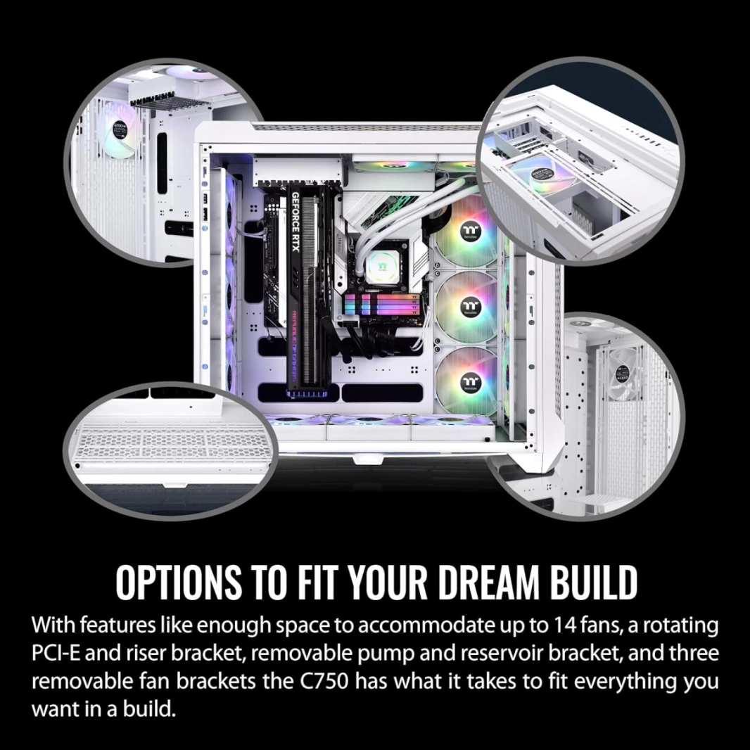 مبرد Thermaltake CTE C750 Air Full Tower بتصميم كفاءة حرارية مركزية 3x140 مم مراوح CT140 بيضاء مثبتة مسبقًا ولوحة جانبية من الزجاج المقوى ولوحة أمامية شبكية - أبيض