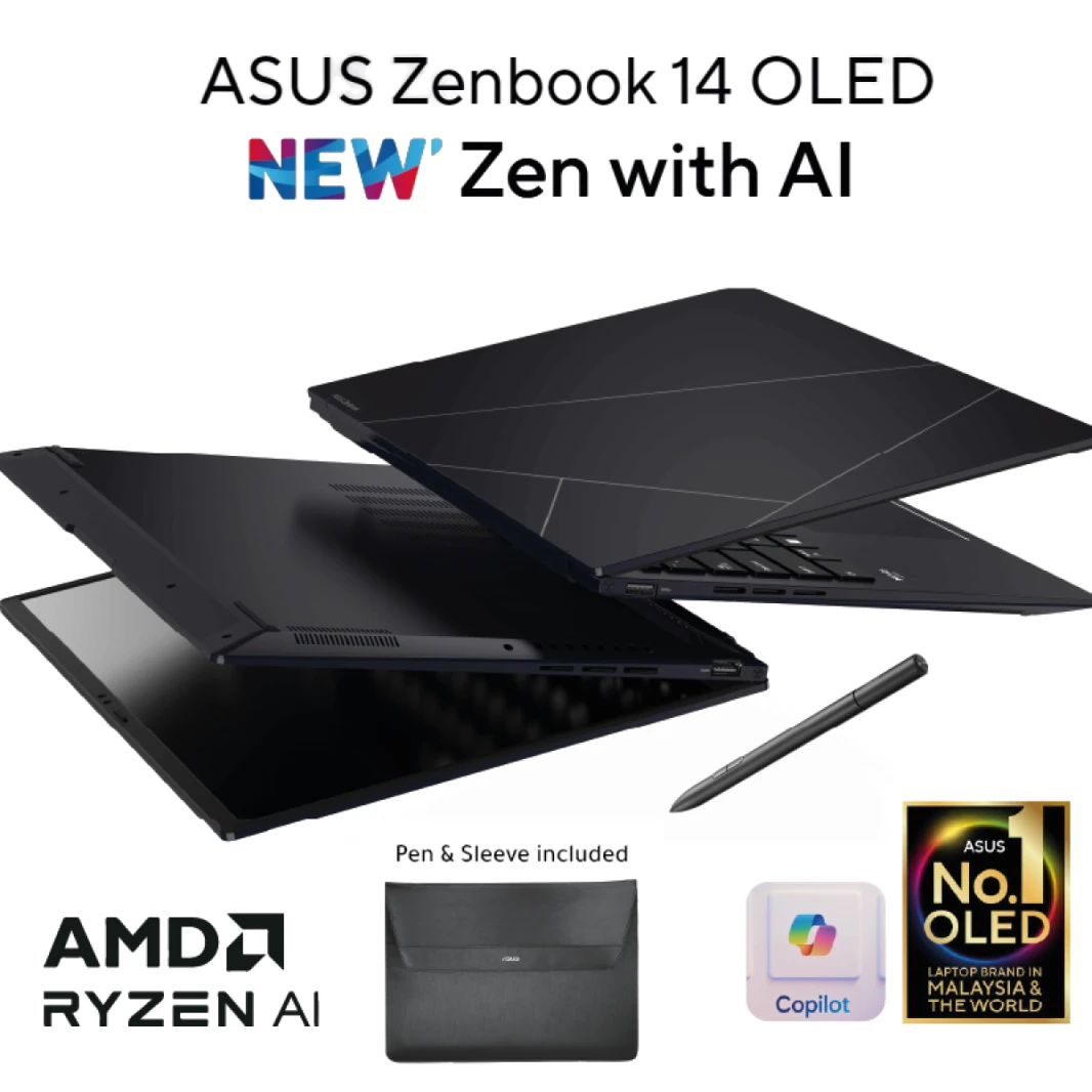 كمبيوتر محمول جديد ASUS Zenbook 14 OLED | معالج AMD Ryzen™ 7 8840HS Ryzen™ AI XDNA حتى 38 TOPs، 16 جيجابايت DDR5X، شاشة 14.0 بوصة FHD، دعم Windows Hello، جراب وقلم - أسود جاد