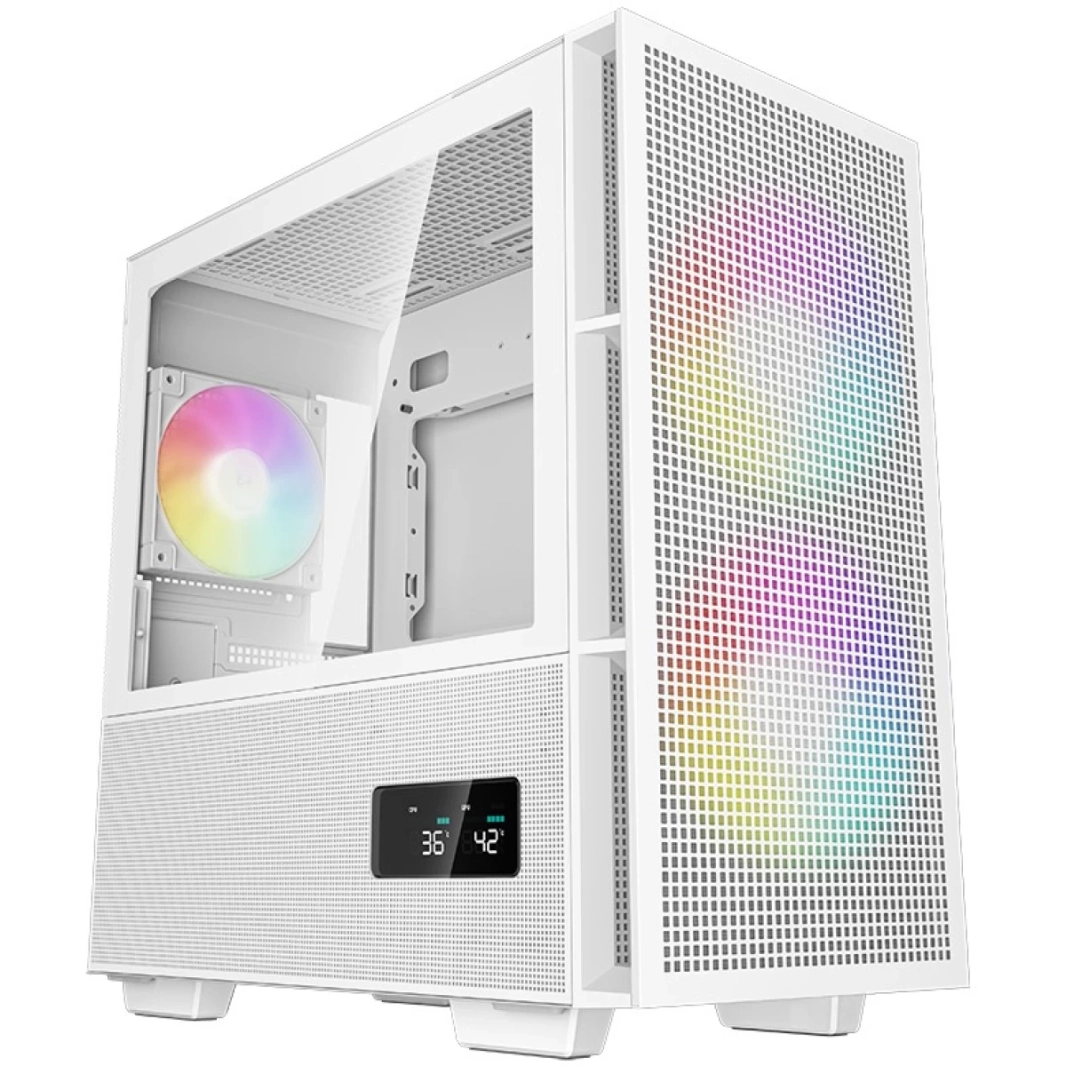برج ميكرو رقمي عالي التدفق للهواء من Deepcool CH360 مع مروحتين ARGB مقاس 140 مم + 120 مم وشاشة رقمية مزدوجة الحالة في الوقت الفعلي - أبيض