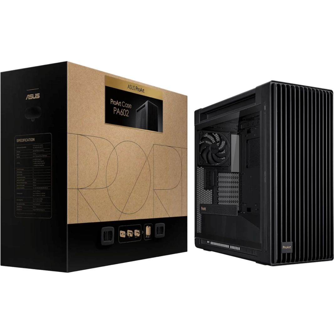حافظة ASUS ProArt PA602 E-ATX مقاس 420 مم تدعم مبردًا مزدوجًا مدمجًا مقاس 200 مم ولوحة أمامية ومؤشر غبار بالأشعة تحت الحمراء ومزلاج قفل الطاقة وتركيب PCIe بدون أدوات وحامل GPU