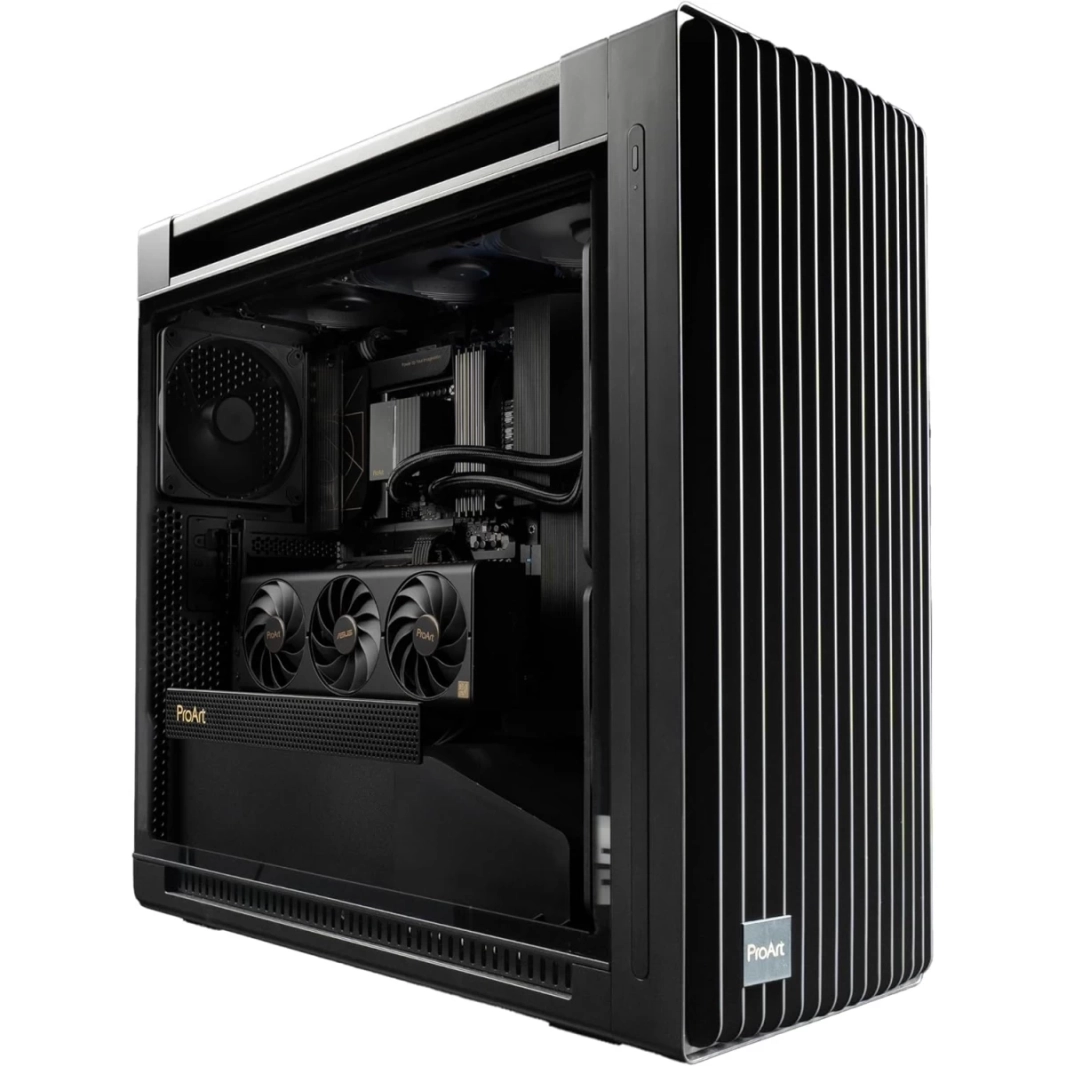 حافظة ASUS ProArt PA602 E-ATX مقاس 420 مم تدعم مبردًا مزدوجًا مدمجًا مقاس 200 مم ولوحة أمامية ومؤشر غبار بالأشعة تحت الحمراء ومزلاج قفل الطاقة وتركيب PCIe بدون أدوات وحامل GPU