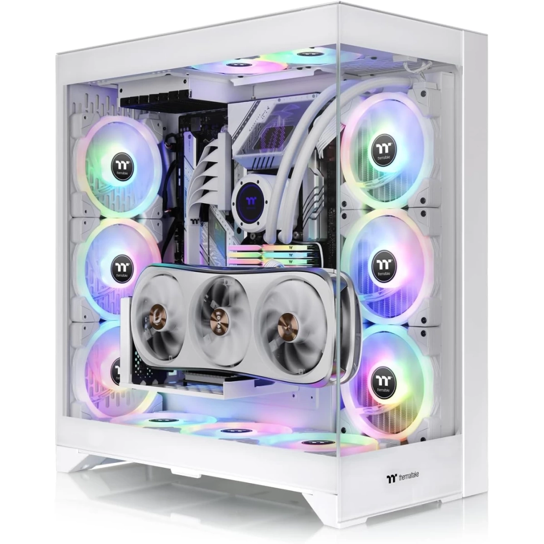 هيكل Thermaltake CTE E600 MX E-ATX بتصميم كفاءة حرارية مركزية مع دعامة تثبيت وحدة معالجة الرسومات العائمة ثلاثية الاتجاهات مع كابل PCIe4 Riser مقاس 400 مم - أبيض