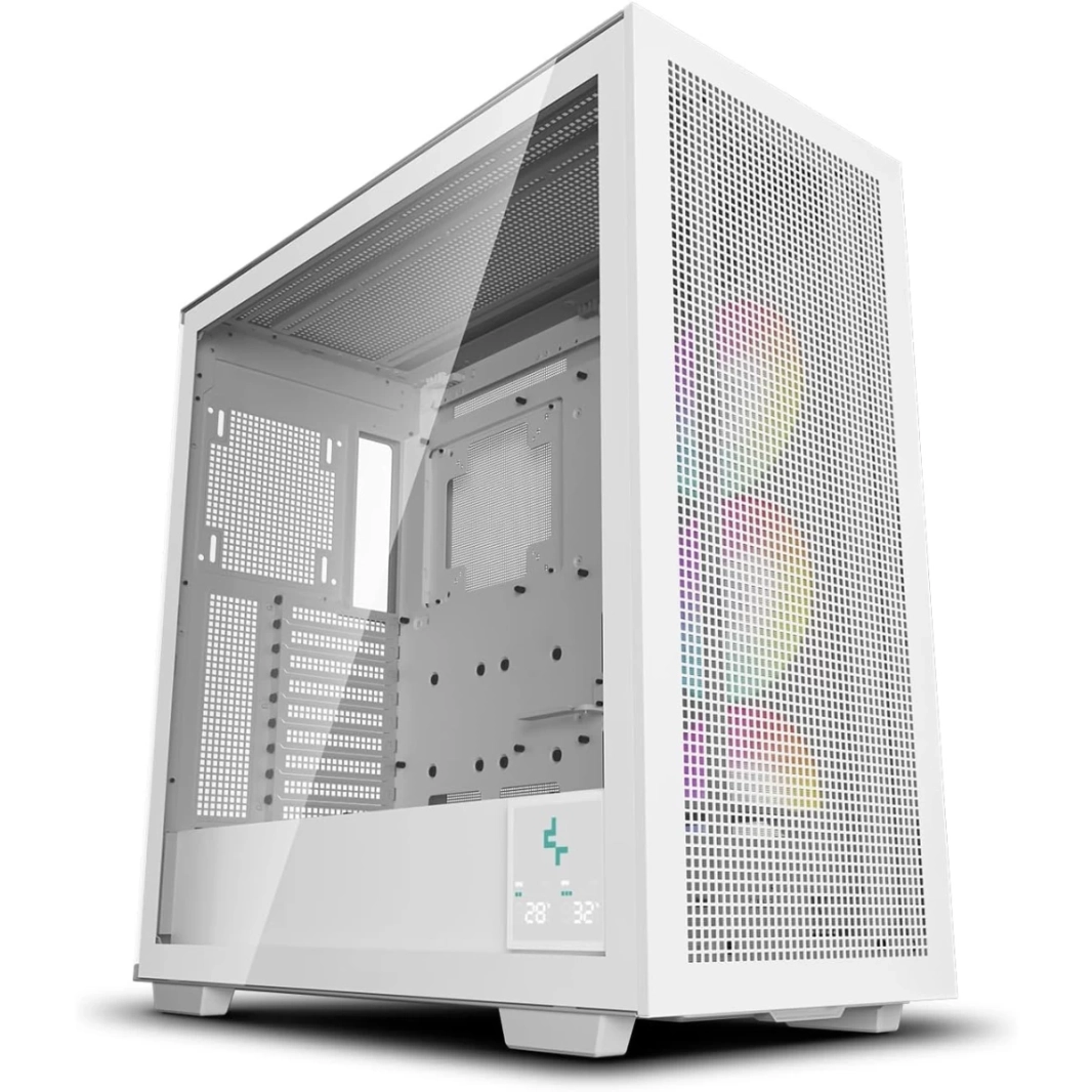 غلاف تدفق هواء معياري DeepCool Morpheus ATX+ مع حامل عمودي وكابل رفع من الجيل الرابع مصنوع من الزجاج المقسّى و4 مراوح Trinity ARGB مقاس 140 مم - أبيض