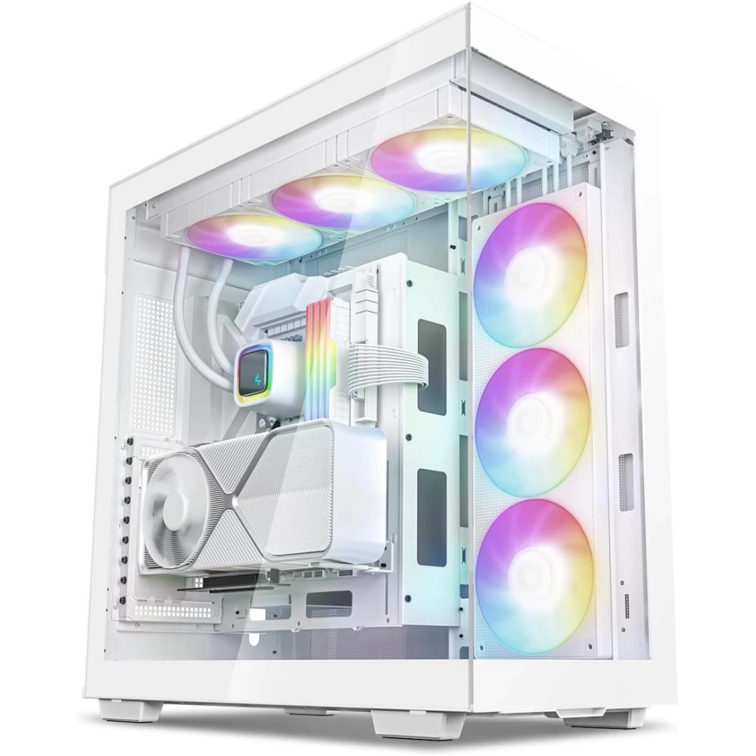 DeepCool CH780 ATX+ Panoramic Dual Chamber مع حامل عمودي وكابل رفع من الجيل الرابع وزجاج مقسّى و3 مراوح Trinity ARGB مقاس 140 مم - أبيض
