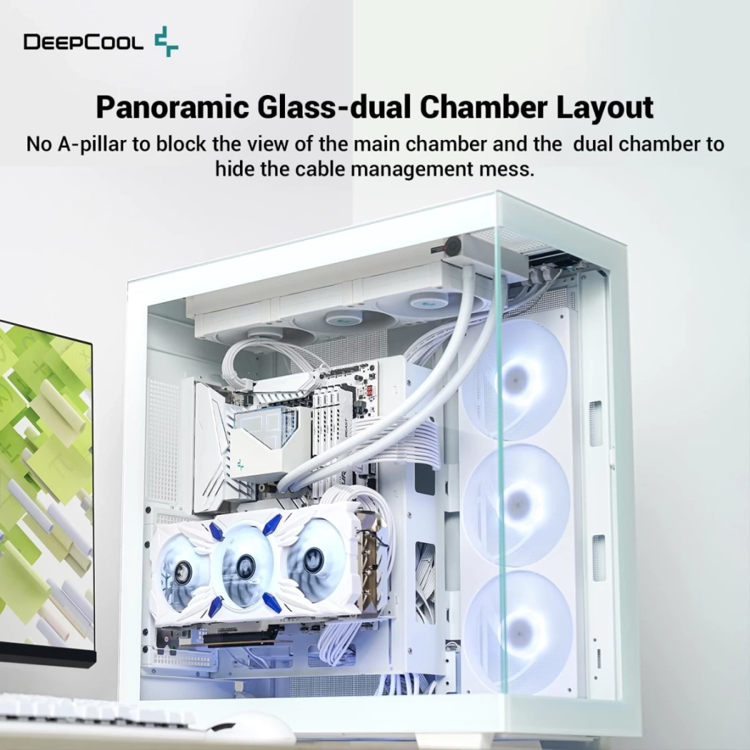 DeepCool CH780 ATX+ Panoramic Dual Chamber مع حامل عمودي وكابل رفع من الجيل الرابع وزجاج مقسّى و3 مراوح Trinity ARGB مقاس 140 مم - أبيض