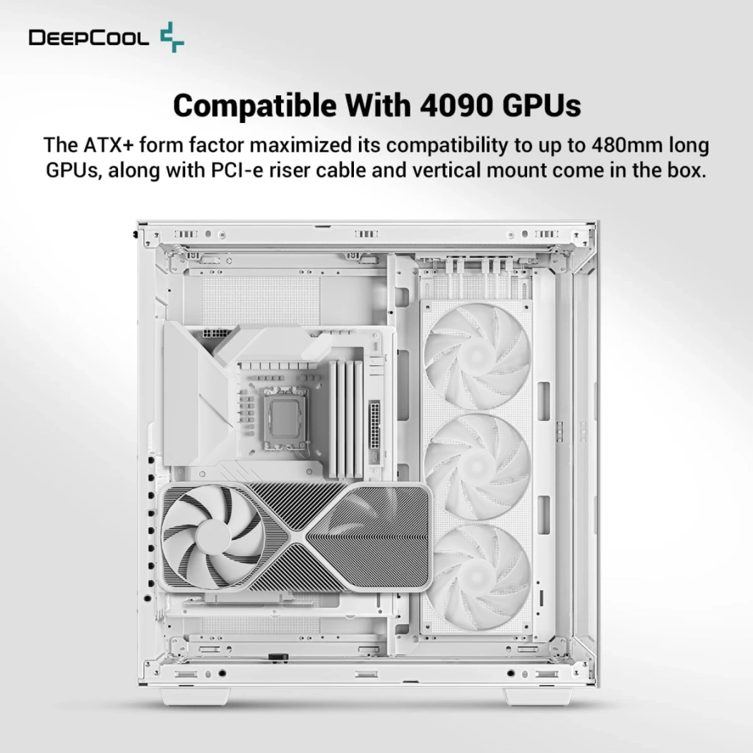 DeepCool CH780 ATX+ Panoramic Dual Chamber مع حامل عمودي وكابل رفع من الجيل الرابع وزجاج مقسّى و3 مراوح Trinity ARGB مقاس 140 مم - أبيض
