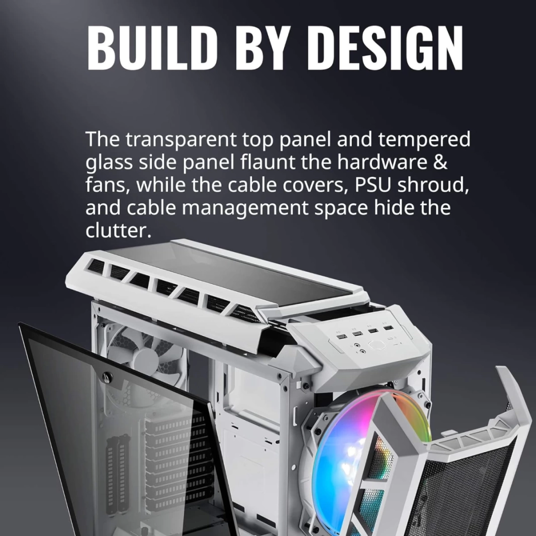 لوحة جانبية من الزجاج المقسّى وشبكة ARGB Airflow من Cooler Master MasterCase H500P - أبيض