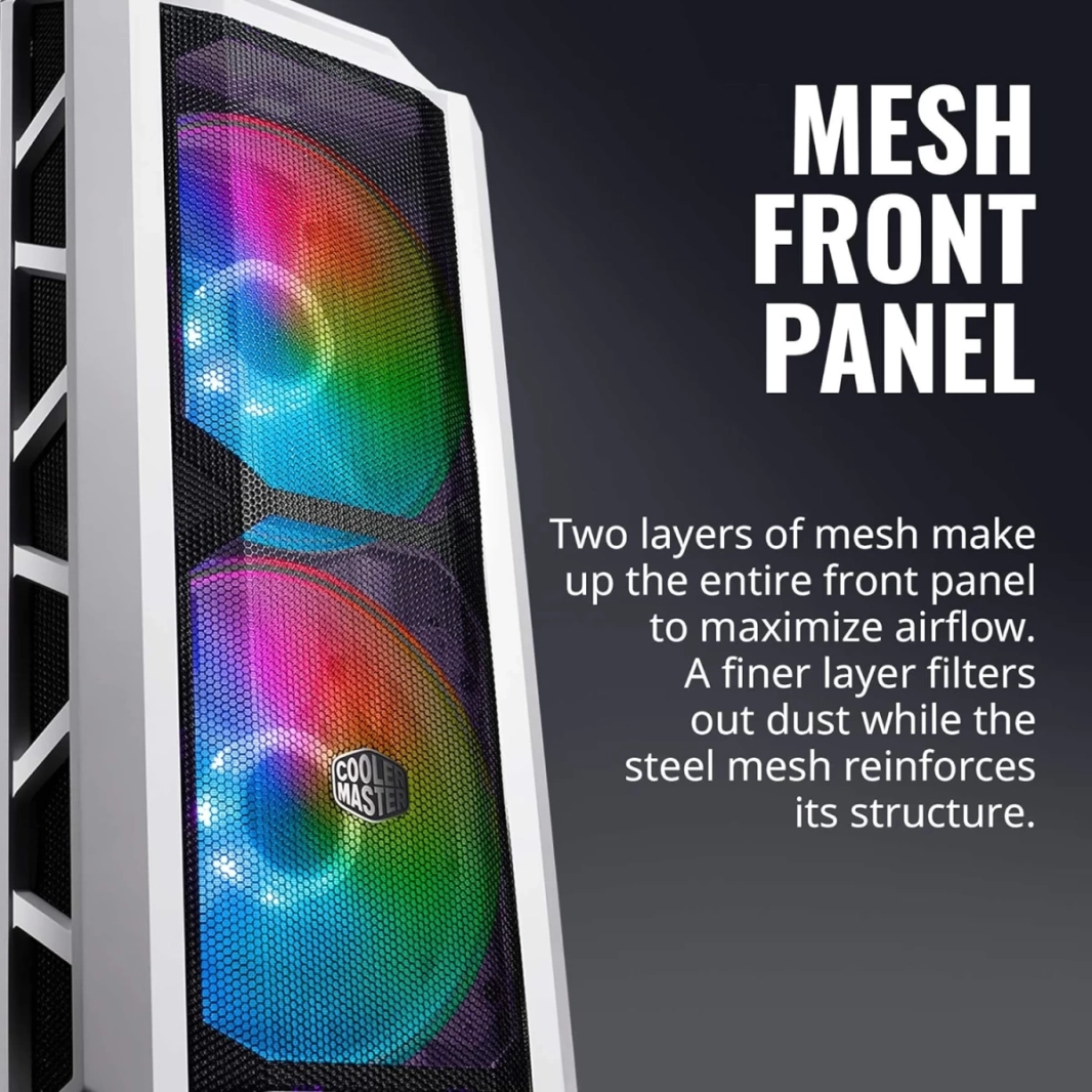 لوحة جانبية من الزجاج المقسّى وشبكة ARGB Airflow من Cooler Master MasterCase H500P - أبيض