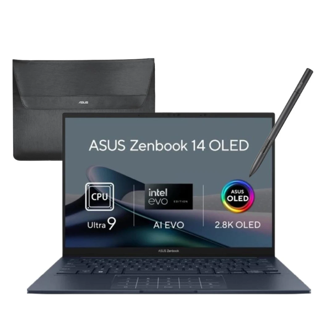 كمبيوتر محمول Asus Zenbook 14 OLED بمعالج Intel® Core™ Ultra 9 185H - السلسلة 1 | شاشة OLED تعمل باللمس مقاس 14 بوصة بدقة 3K رفيعة وخفيفة | Ponder Blue | نظام التشغيل Windows 11 Home مع قلم وحافظة