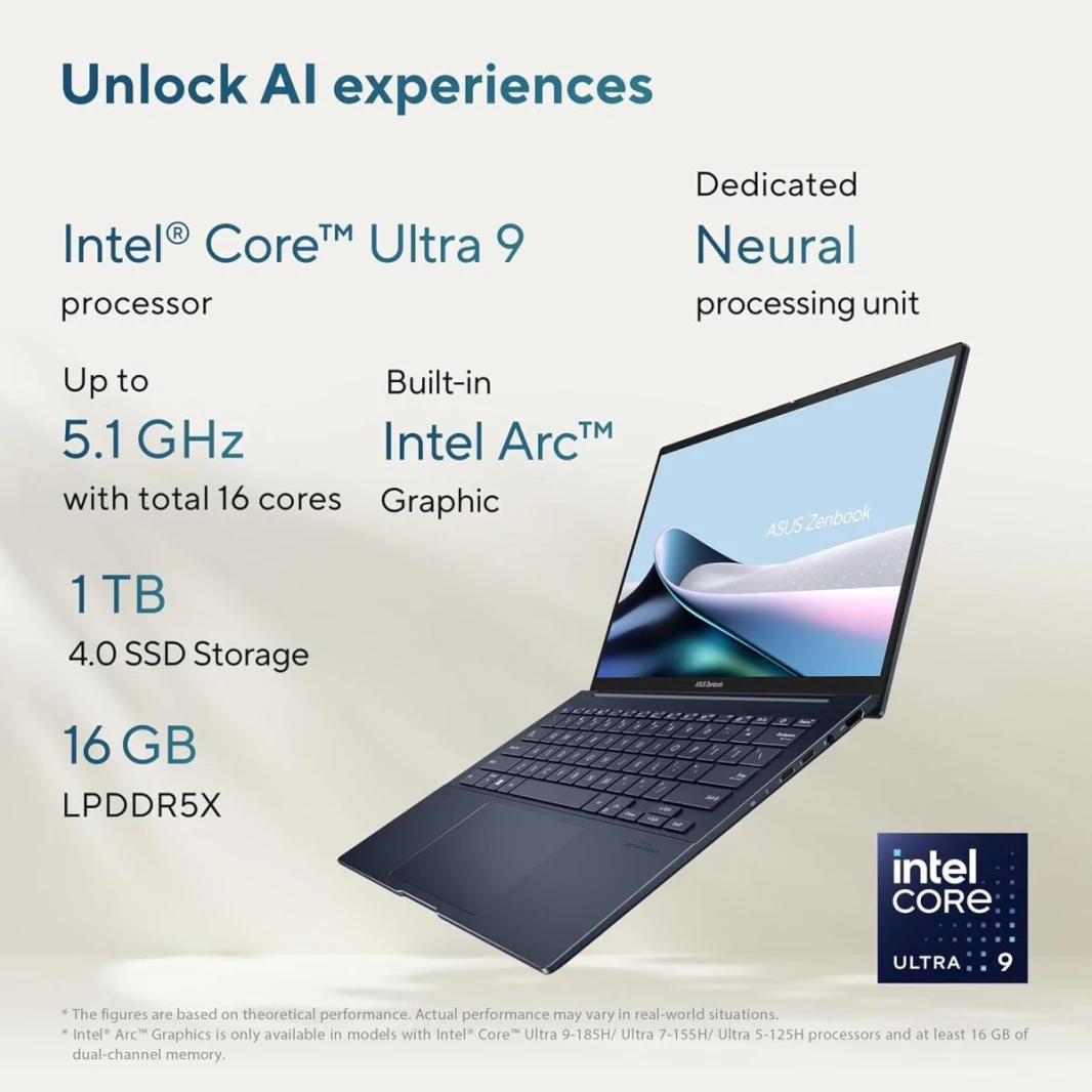 كمبيوتر محمول Asus Zenbook 14 OLED بمعالج Intel® Core™ Ultra 9 185H - السلسلة 1 | شاشة OLED تعمل باللمس مقاس 14 بوصة بدقة 3K رفيعة وخفيفة | Ponder Blue | نظام التشغيل Windows 11 Home مع قلم وحافظة