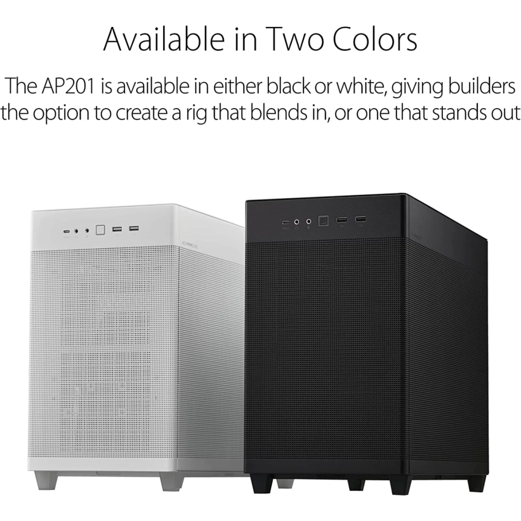 لوحات جانبية ASUS Prime AP201 MicroATX بدون أدوات ودعم شبكة مرشح شبه 360 مم ومبردات وبطاقات رسوميات بطول 338 مم - أبيض