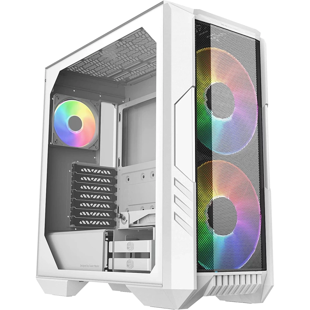 مراوح إضاءة Cooler Master HAF 500 White Edition ذات تدفق هواء عالي ومروحة ARGB شبكية ومنفذ USB 3.2 Gen 2 Type C