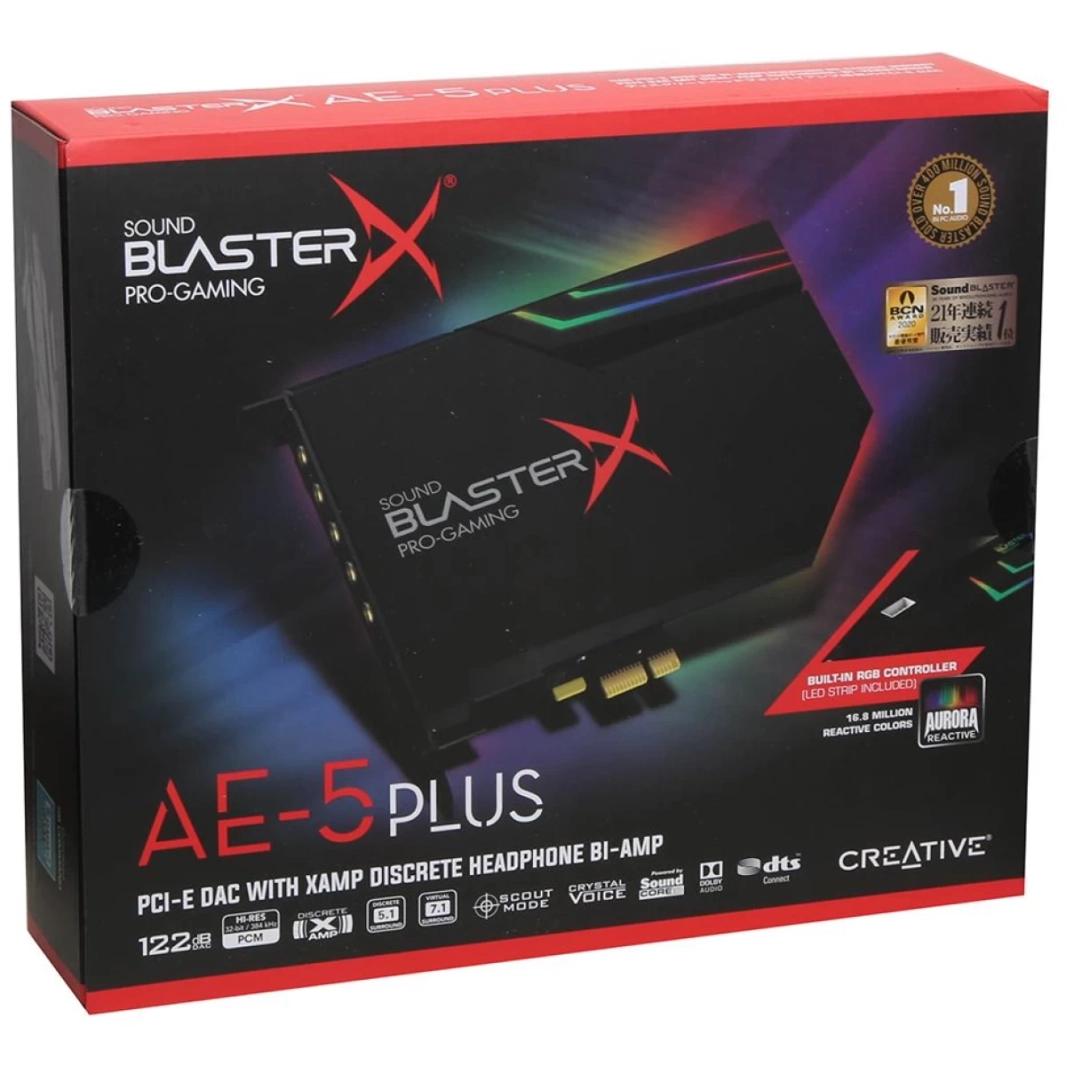 بطاقة صوت ألعاب Creative Sound BlasterX AE-5 Plus SABRE32-class عالية الدقة 32 بت/384 كيلو هرتز PCIe ومحول رقمي إلى تناظري مع Dolby Digital وDTS Xamp ومضخم صوت سماعة رأس منفصل ثنائي