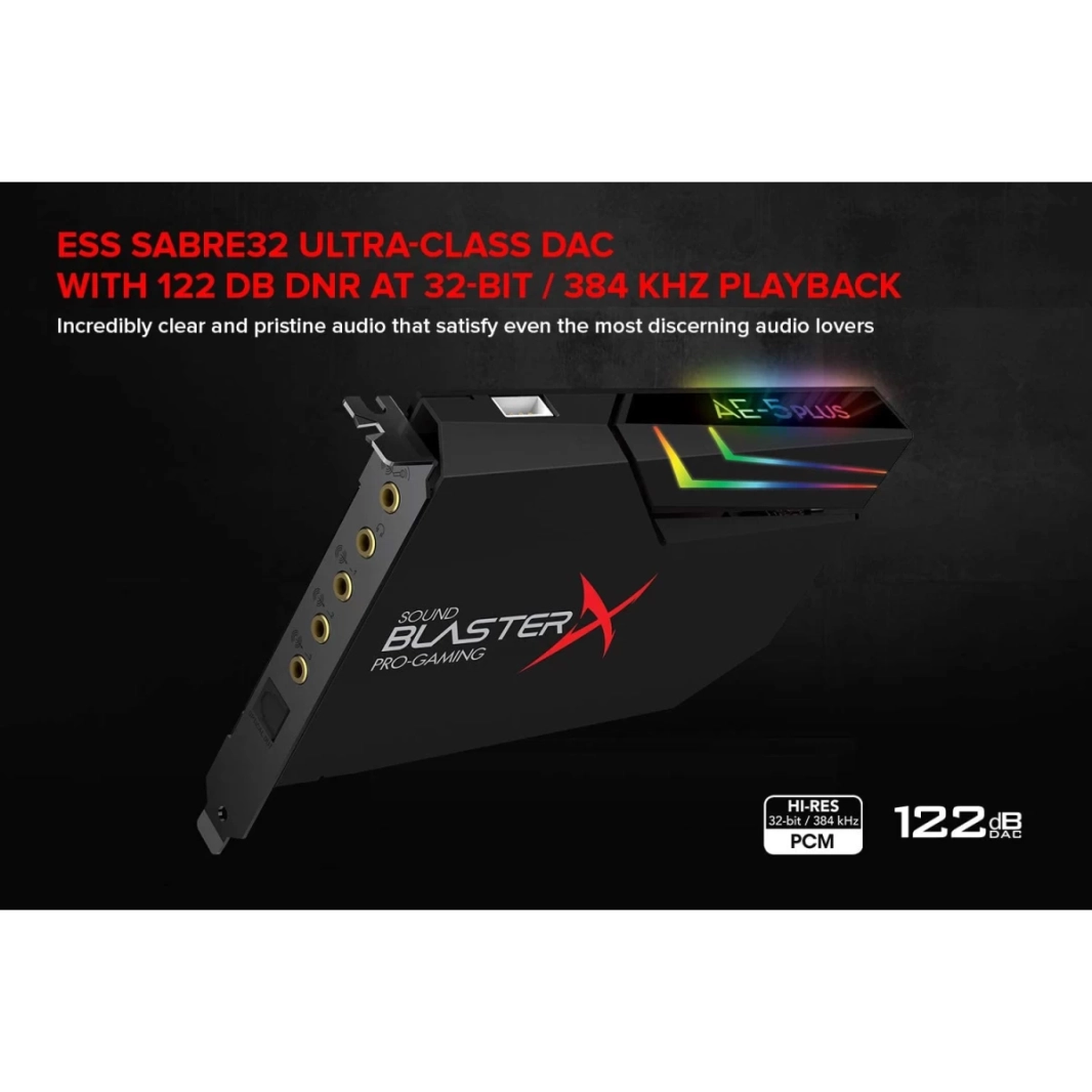بطاقة صوت ألعاب Creative Sound BlasterX AE-5 Plus SABRE32-class عالية الدقة 32 بت/384 كيلو هرتز PCIe ومحول رقمي إلى تناظري مع Dolby Digital وDTS Xamp ومضخم صوت سماعة رأس منفصل ثنائي