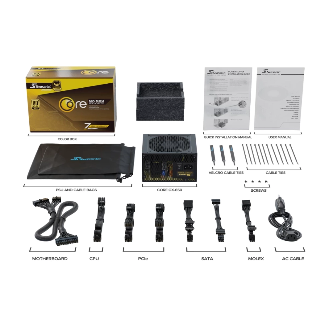 مروحة Seasonic CORE GX-650 650W 80+ Gold كاملة الوحدات مع وضع صامت وتبريد
