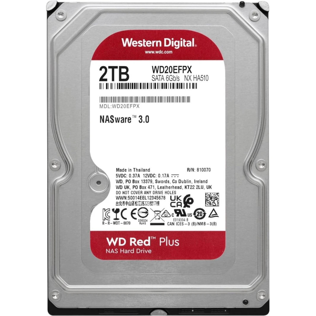 Western Digital 2TB WD Red Plus NAS Internal Hard Drive HDD - 5400 RPM, SATA 6 Gb/s, CMR, 64 MB Cache, 3.5" -WD20EFPX