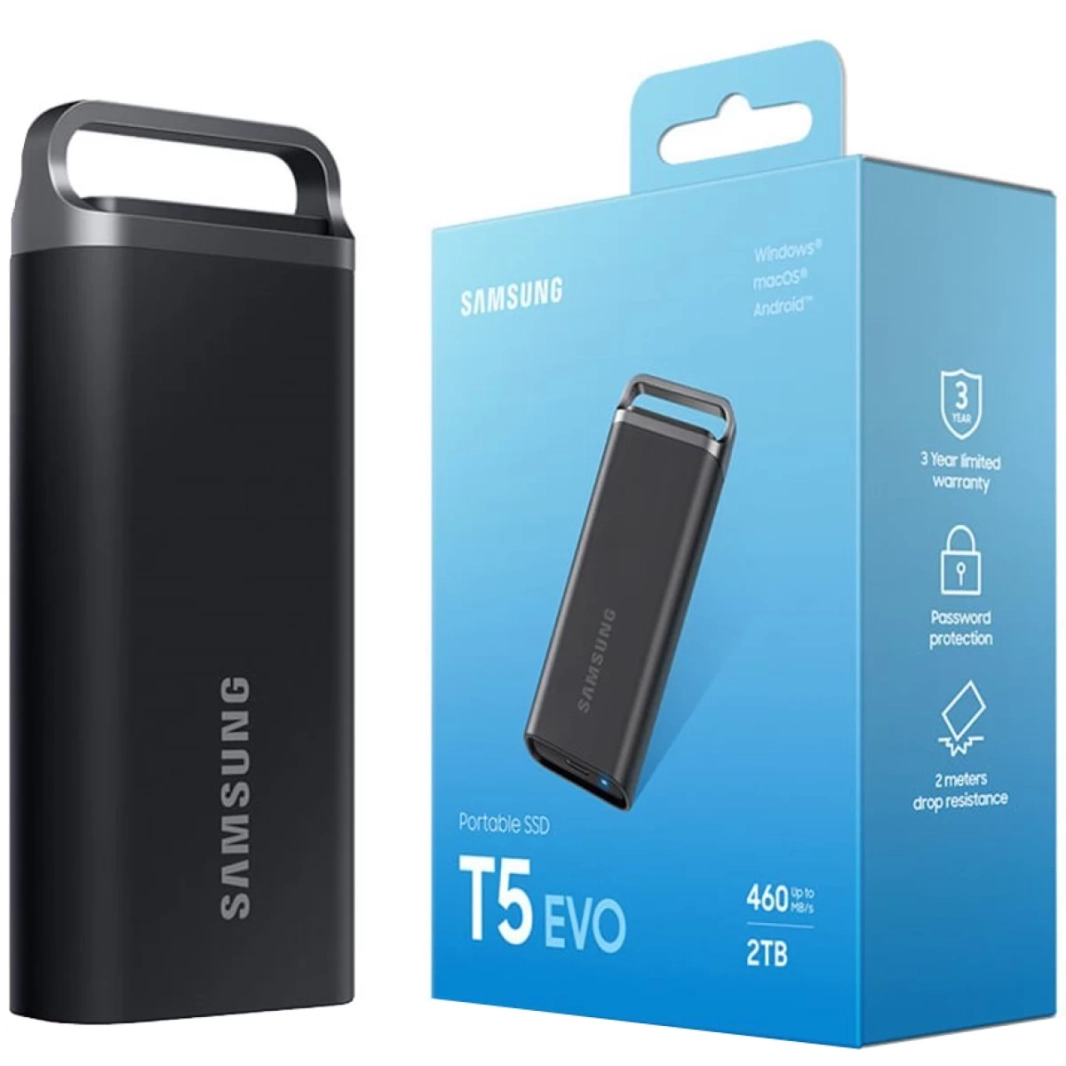 قرص SSD خارجي محمول من سامسونج T5 EVO بسعة 2 تيرابايت مزود بمنفذ USB 3.2 من الجيل الأول بسرعات قراءة تصل إلى 460 ميجابايت/ثانية للألعاب وإنشاء المحتوى - أسود