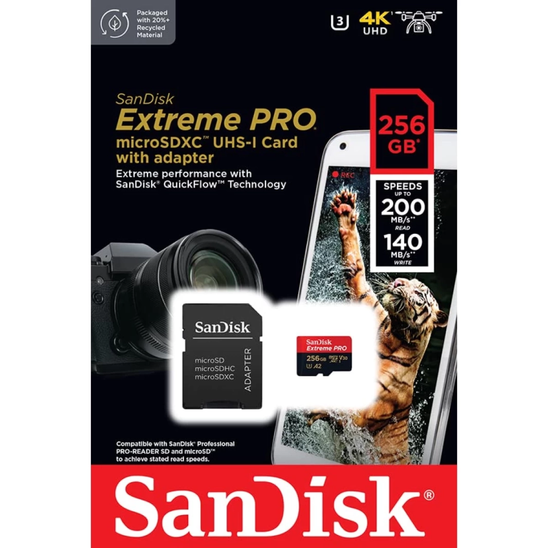 بطاقة ذاكرة SanDisk Extreme Pro 256GB microSDXC UHS-I V30 بسرعة قراءة 200 ميجابايت/ثانية وسرعة كتابة 140 ميجابايت/ثانية لتصوير فيديو بدقة 4K على الهواتف الذكية وكاميرات الحركة والطائرات بدون طيار
