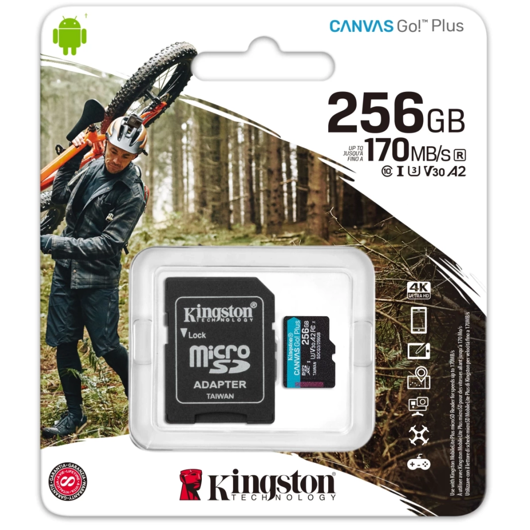 بطاقة ذاكرة Kingston 256GB microSDXC Canvas Go Plus 170MB/s Read UHS-I C10 U3, V30