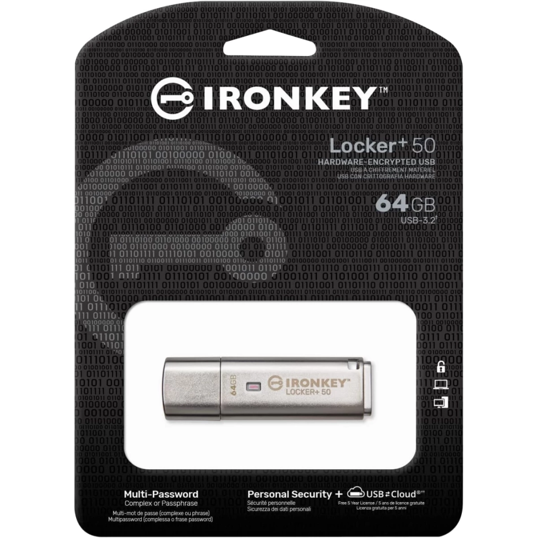 Kingston Ironkey Locker+ 50 64GB Encrypted Flash Drive USB 3.2 XTS-AES Protection Multi-Password Security Options  Automatic Cloud Backup Metal Casing
