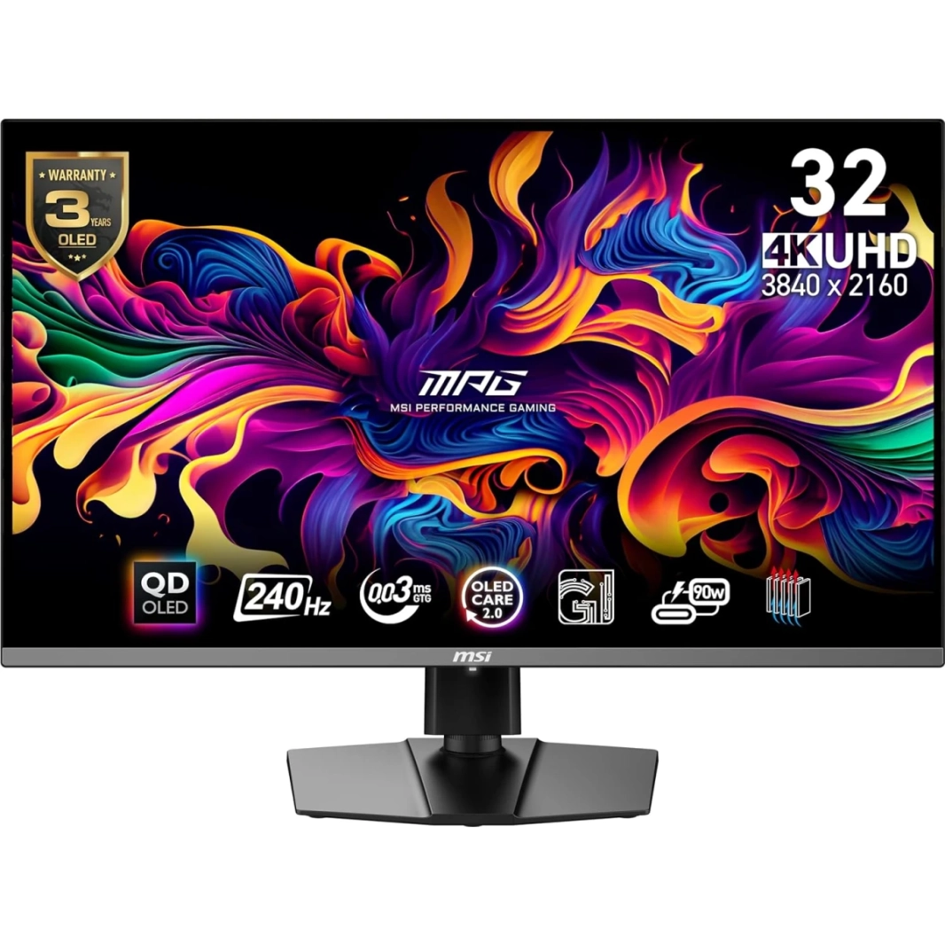 شاشة MSI MPG 321URX مقاس 32 بوصة QD-OLED مضادة للانعكاس بدقة 4K بمعدل تحديث 240 هرتز ووقت استجابة 0.03 مللي ثانية وتقنية HDR400 OLED Care 2.0 ومنفذ HDMI 2.1 Type-C بقدرة 90 وات وتقنية PD AMD FreeSync™