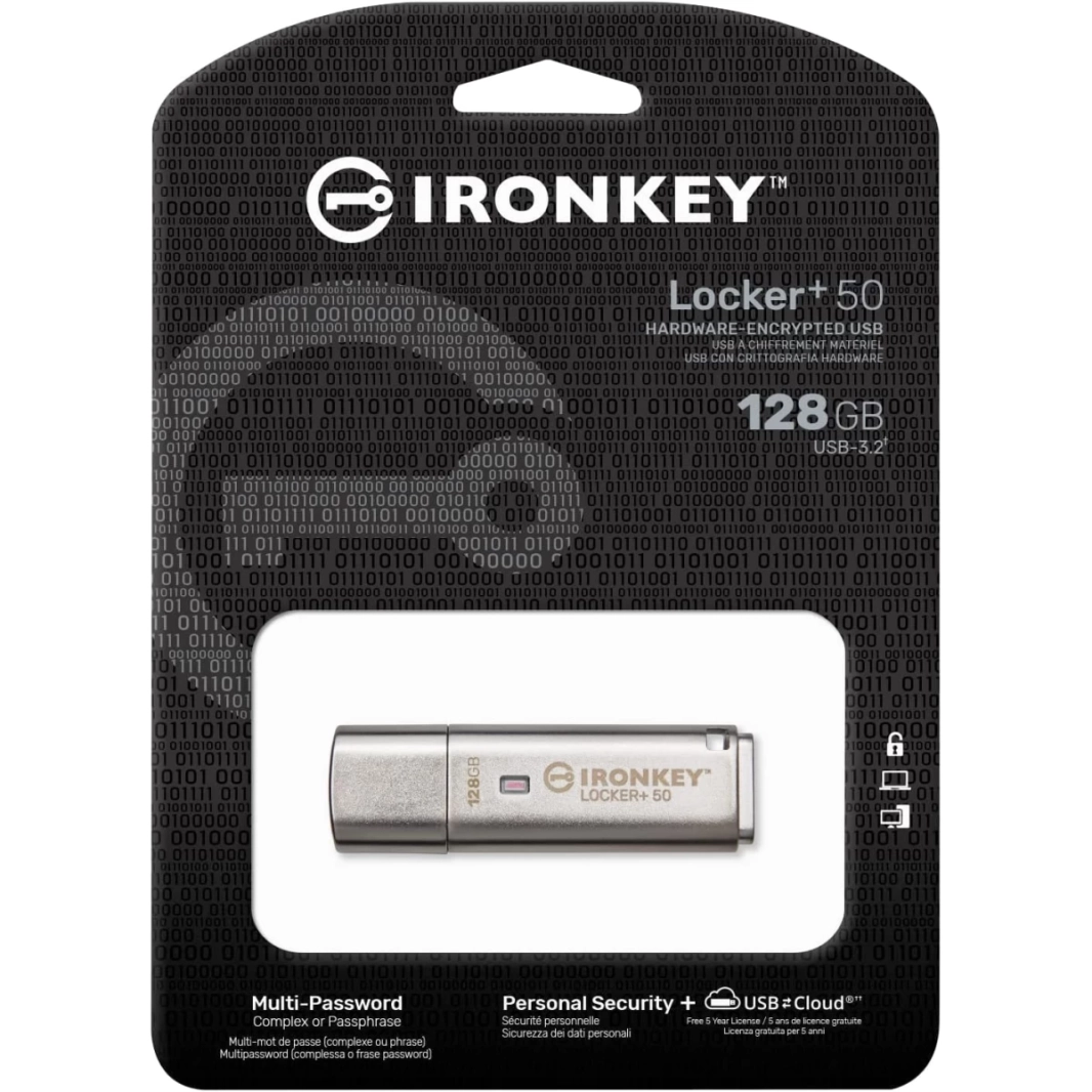 Kingston Ironkey Locker+ 50 128GB Encrypted Flash Drive USB 3.2 XTS-AES Protection Multi-Password Security Options  Automatic Cloud Backup Metal Casing
