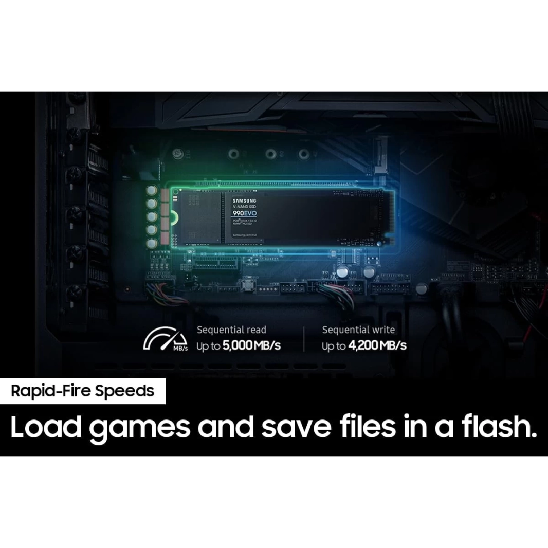 SAMSUNG SSD 990 EVO 1TB PCIe 5.0 M.2 2280 Seq سرعات قراءة تصل إلى 5000 ميجابايت/ثانية مع كفاءة الطاقة والتحكم الحراري الذكي