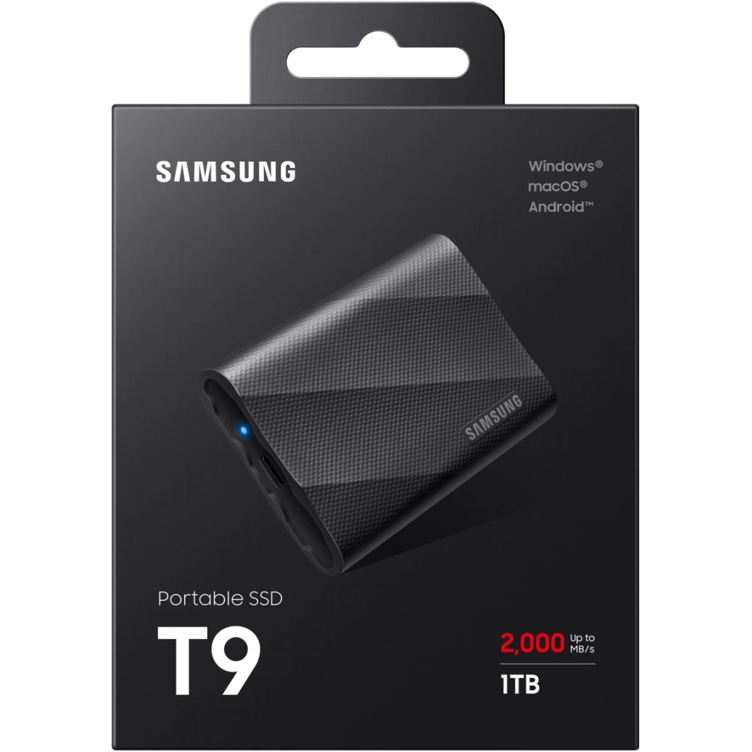محرك أقراص SSD محمول T9 سعة 1 تيرابايت من سامسونج بمنفذ USB 3.2 من الجيل 2x2 بسرعات قراءة تصل إلى 2000 ميجابايت/ثانية للألعاب والطلاب والمحترفين