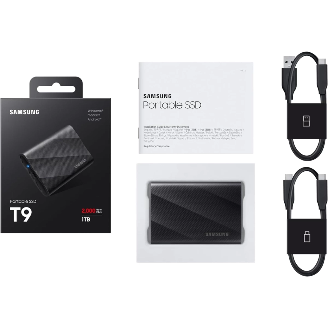 محرك أقراص SSD محمول T9 سعة 1 تيرابايت من سامسونج بمنفذ USB 3.2 من الجيل 2x2 بسرعات قراءة تصل إلى 2000 ميجابايت/ثانية للألعاب والطلاب والمحترفين