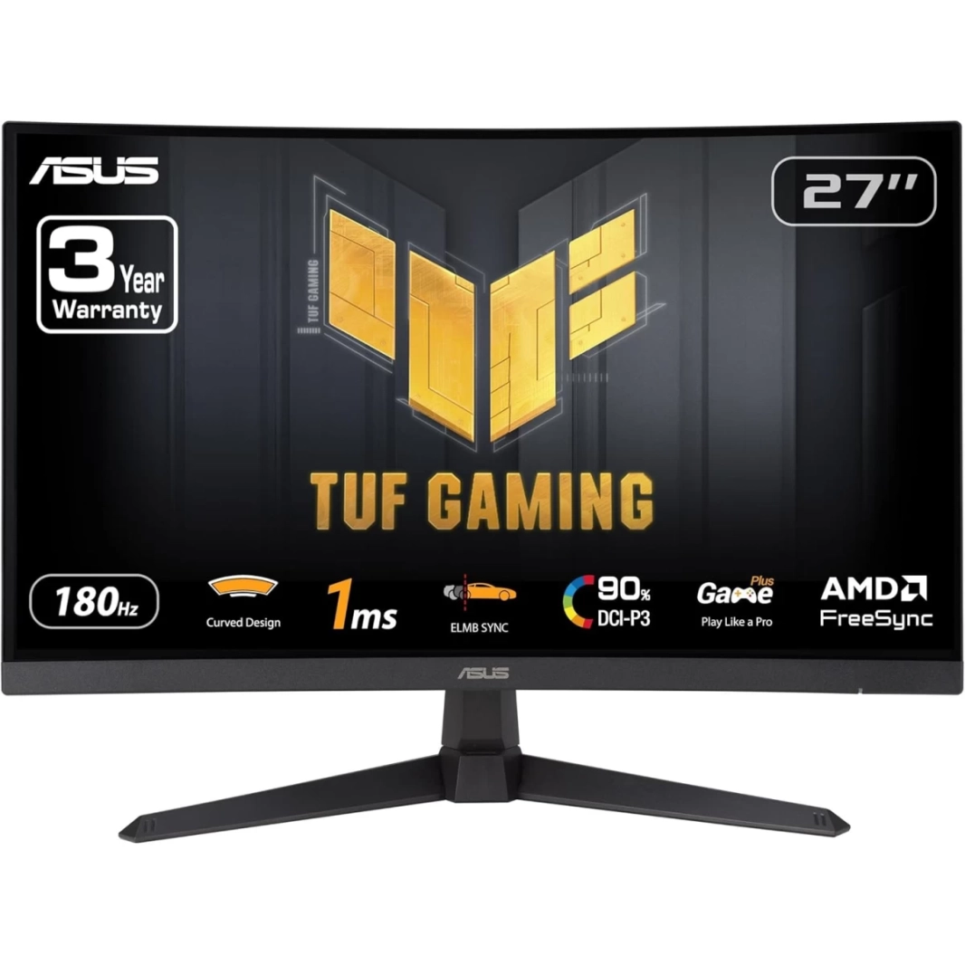 شاشة Asus TUF VG27VQ3B المنحنية مقاس 27 بوصة بدقة Full HD 1500R بمعدل تحديث 180 هرتز ووقت استجابة 1 مللي ثانية وتقنية DCI-P3: 90% FreeSync Shadow Boost Enhanced مع مكبر صوت - أسود