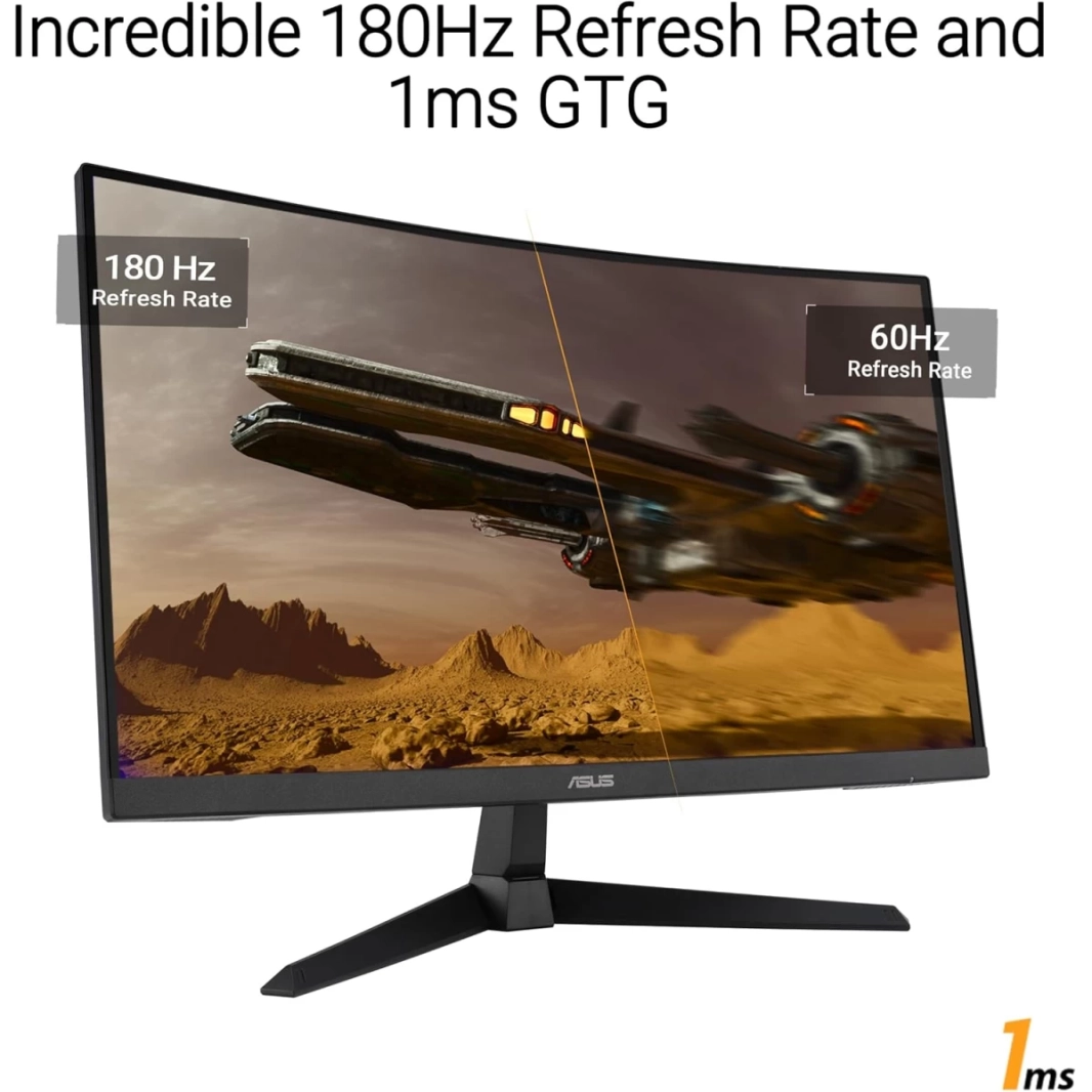 شاشة Asus TUF VG27VQ3B المنحنية مقاس 27 بوصة بدقة Full HD 1500R بمعدل تحديث 180 هرتز ووقت استجابة 1 مللي ثانية وتقنية DCI-P3: 90% FreeSync Shadow Boost Enhanced مع مكبر صوت - أسود