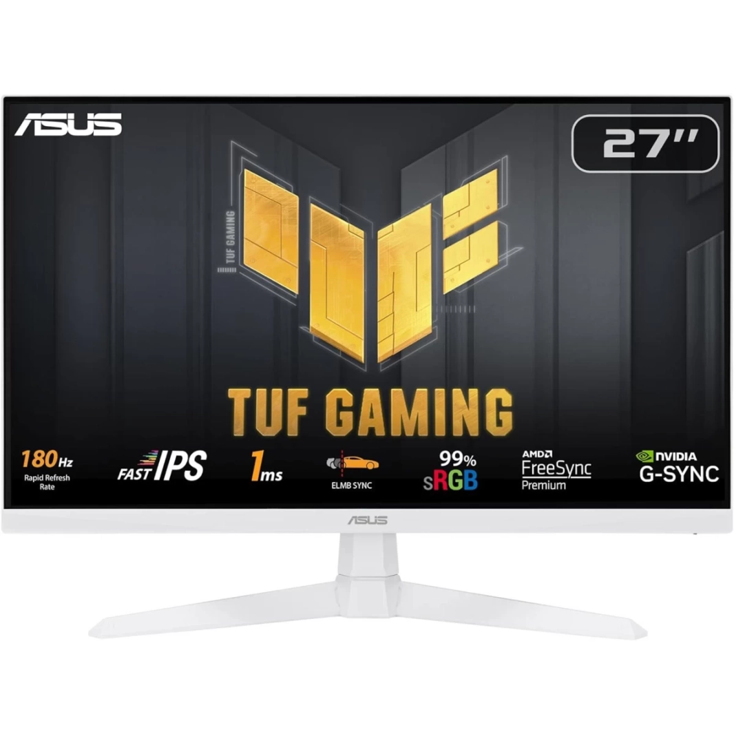 شاشة Asus TUF VG279Q3A-W مقاس 27 بوصة IPS سريعة Full HD بمعدل تحديث 180 هرتز ووقت استجابة 1 مللي ثانية ومتوافقة مع تقنية G-Sync وتقنية Extreme Low Motion Blur Sync مع مكبر صوت - أبيض