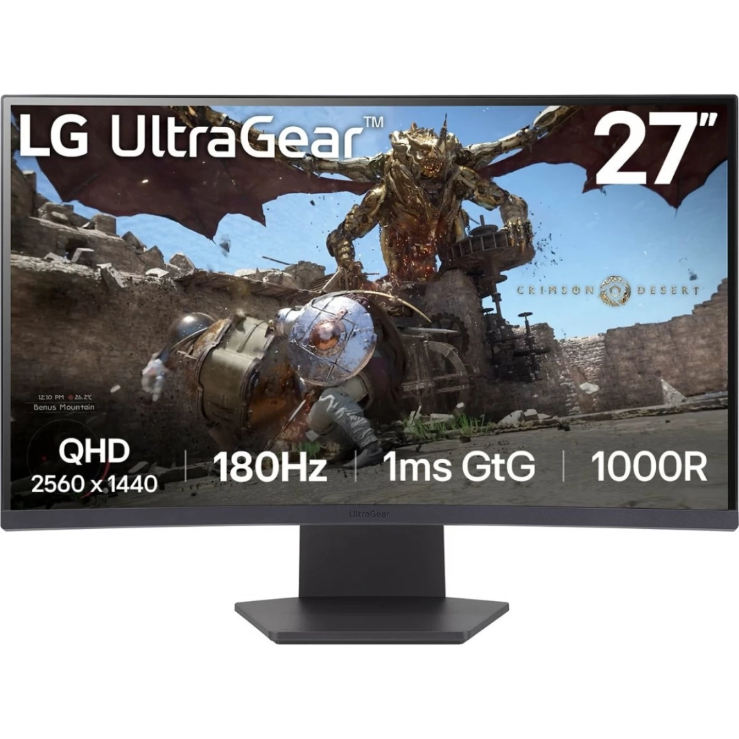 شاشة LG UltraGear 27GS60QC مقاس 27 بوصة منحنية 1000R 2K QHD 180Hz 1ms HDR 10 sRGB 99% AMD FreeSync تصميم بدون حدود مع 2x HDMI 1x Display Port - أسود