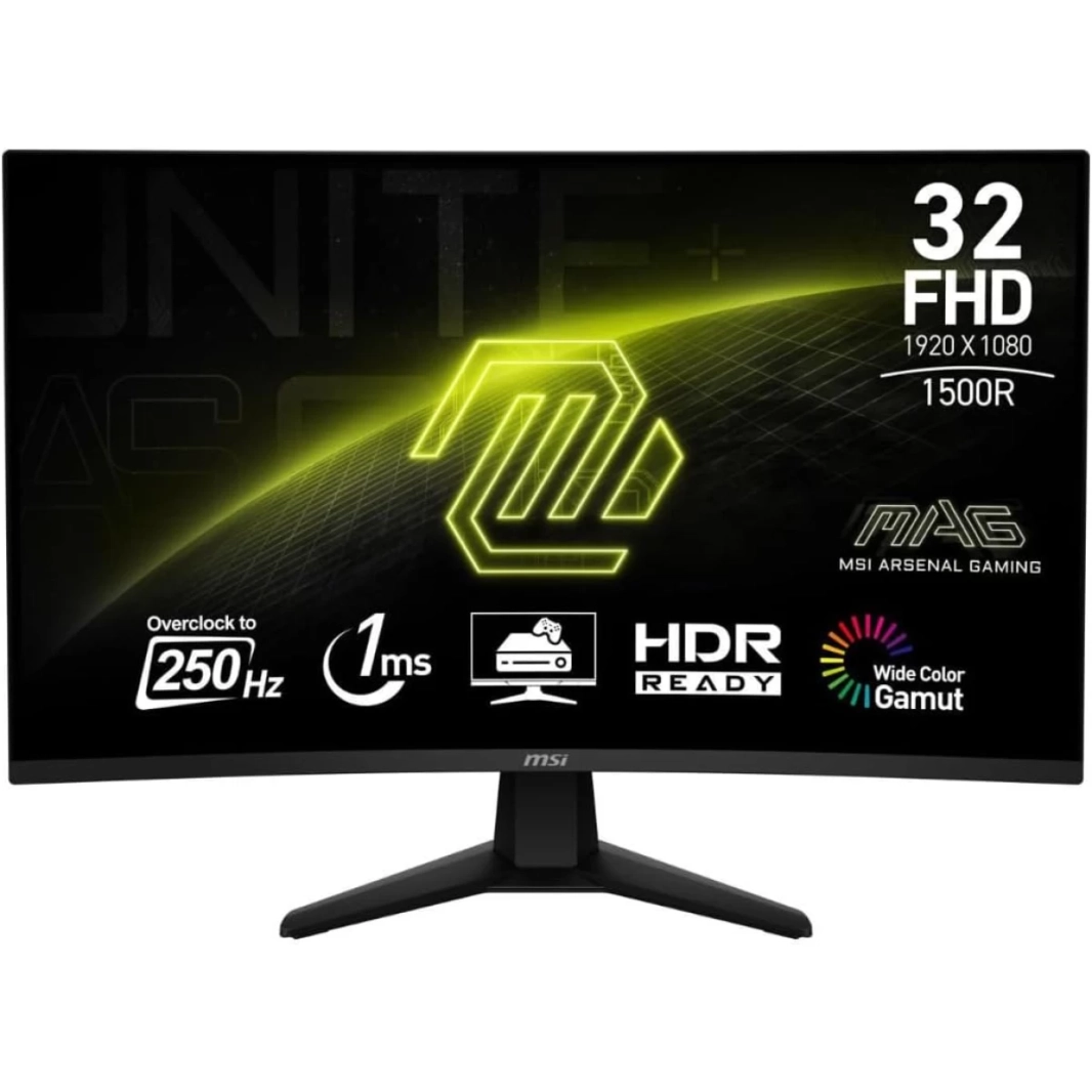 شاشة MSI MAG 32C6X مقاس 32 بوصة عالية الدقة منحنية 1500R بمعدل تحديث 250 هرتز ومدة استجابة 1 مللي ثانية ومزودة بتقنية HDR وتصميم بدون إطار ومضاد للوميض وأقل ضوء أزرق ومزامنة تكيفية ومنفذ HDMI ومنفذ عر