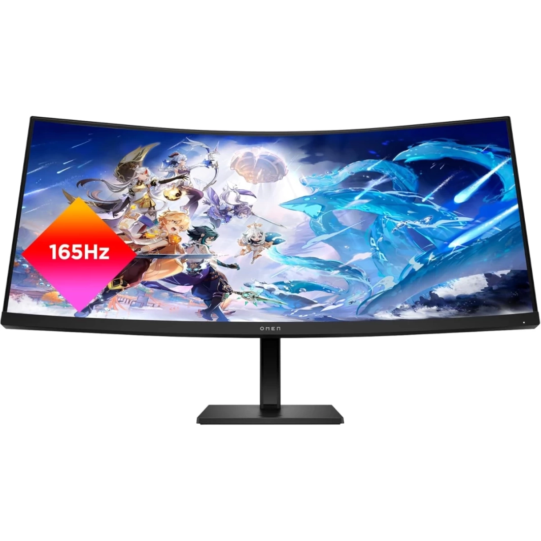 شاشة HP OMEN Ultrawide مقاس 34 بوصة بدقة QHD 2K وتردد 165 هرتز ووقت استجابة 1 مللي ثانية ونطاق ديناميكي عالي sRGB وDCI-P3 وFreeSync بنسبة 99% وحامل قابل لضبط الارتفاع ومكبرات صوت ثنائية مع منفذي HDMI 
